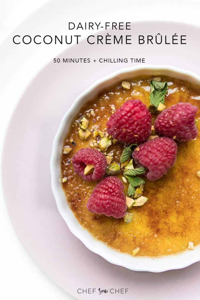 Close up of dairy-free creme brulee with raspberries and pistachios on top
