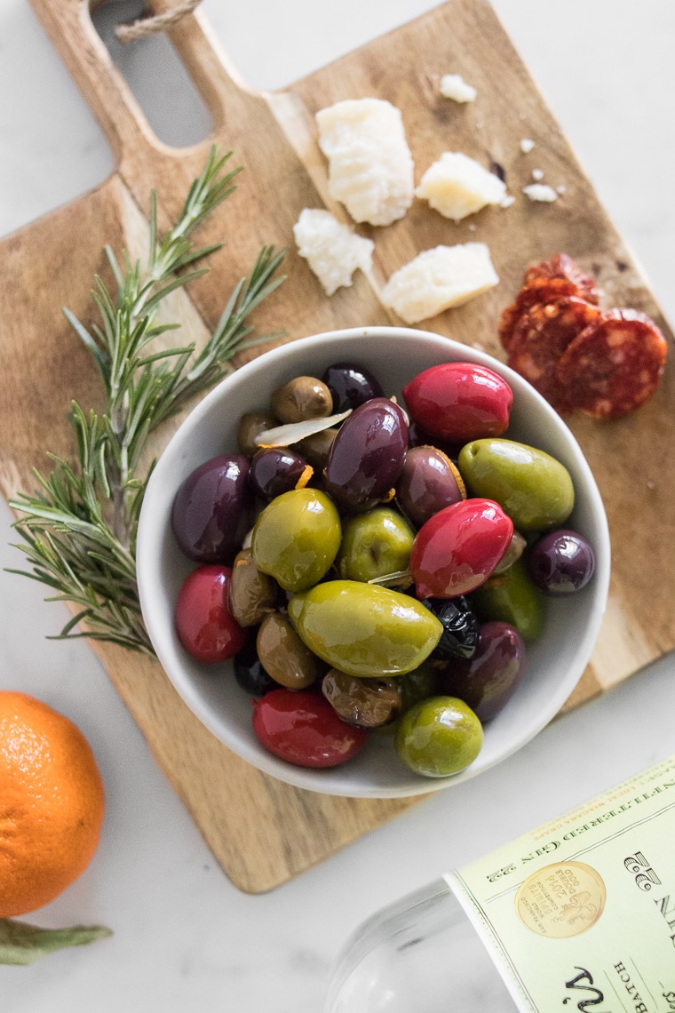 Close up of warm olives in a bowl