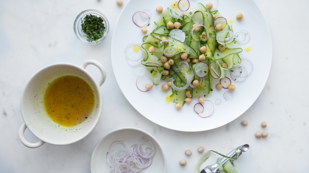 Close up of Cucumber Chickpea Salad with Extra Components
