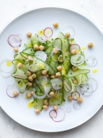 Close Up of Cucumber Chickpea Salad on a White Plate