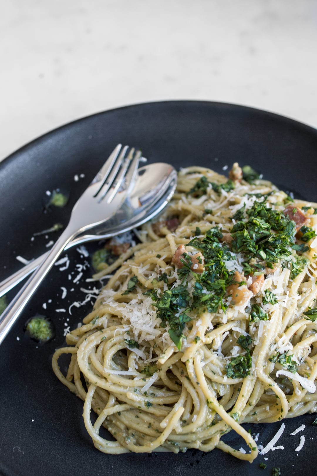 Pesto Carbonara with Pancetta and Parmigiano Chef Sous Chef