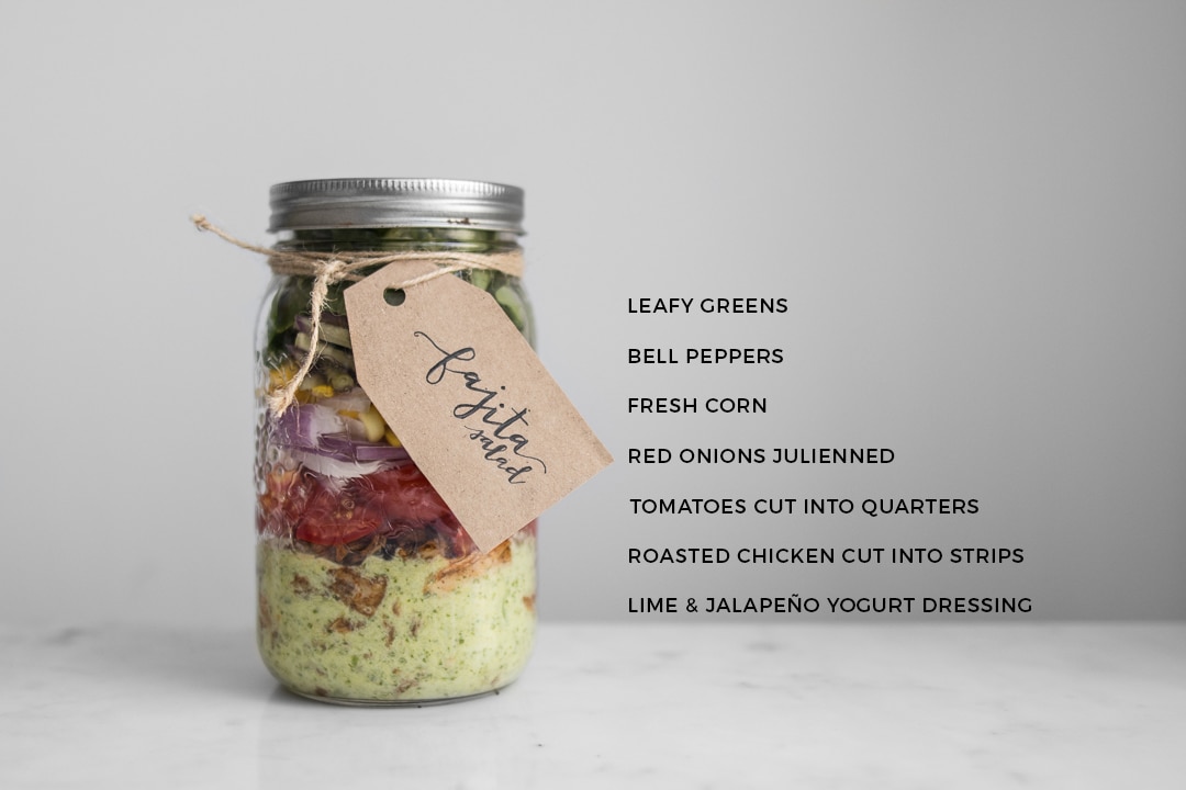 Fajita Salad in a Mason Jar with Ingredients Listed