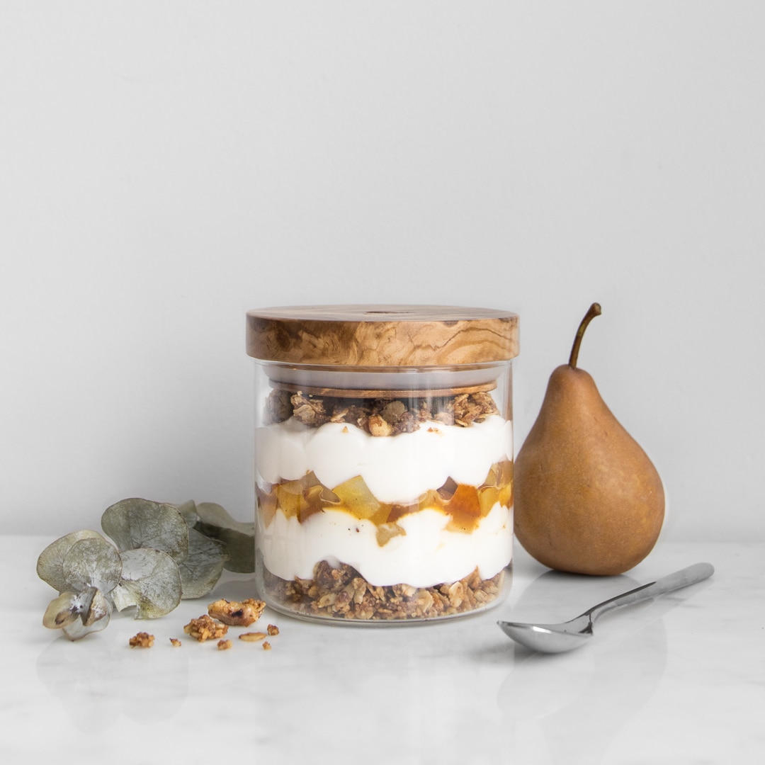 Roasted Pear and Walnut Streusel parfait in a jar with wooden lid