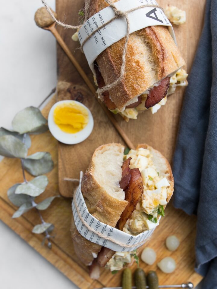 Egg Salad Sandwich with bacon tied with twine