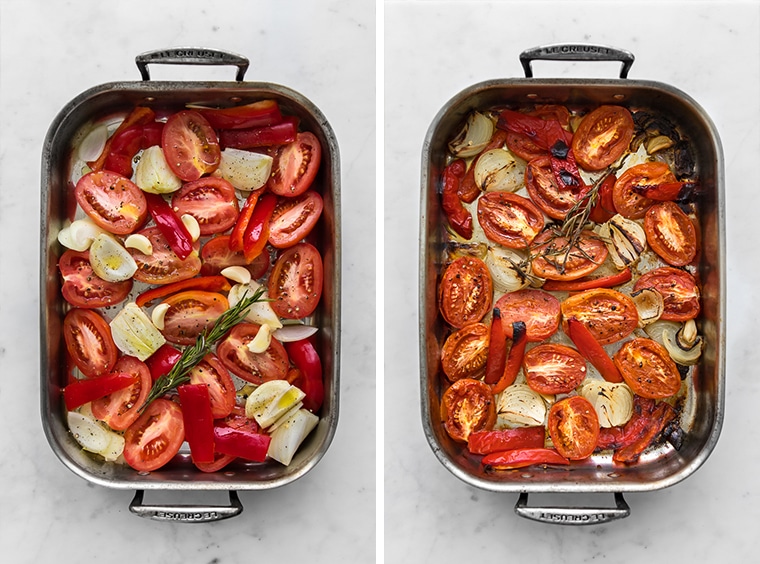 Uncooked tomato, red pepper, onions, and garlic in a roasting pan, next to pan of roasted tomatoes, peppers, and onions