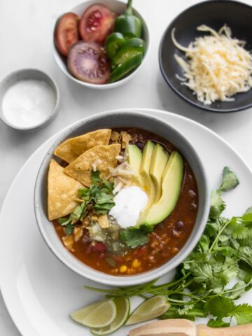 Close up of Chicken Fajita Soup with Grated Cheese, Sliced Jalapeño, Tomatoes