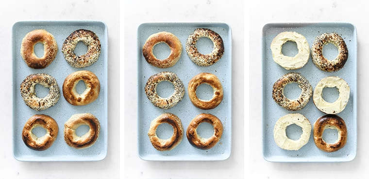 Left: Diced bagels on sheet pan, Middle: Sliced bagels with centre removed on a sheet pan, Right: Mayo spread on cut side of bagels