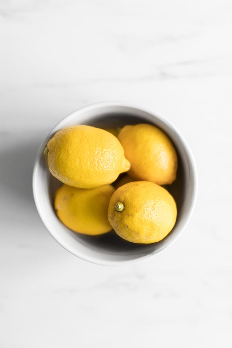 Lemons in a bowl overhead