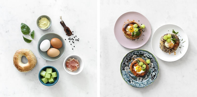 Left: Ingredient Flat Lay, Right: Finished Eggs in a Bagel Hole