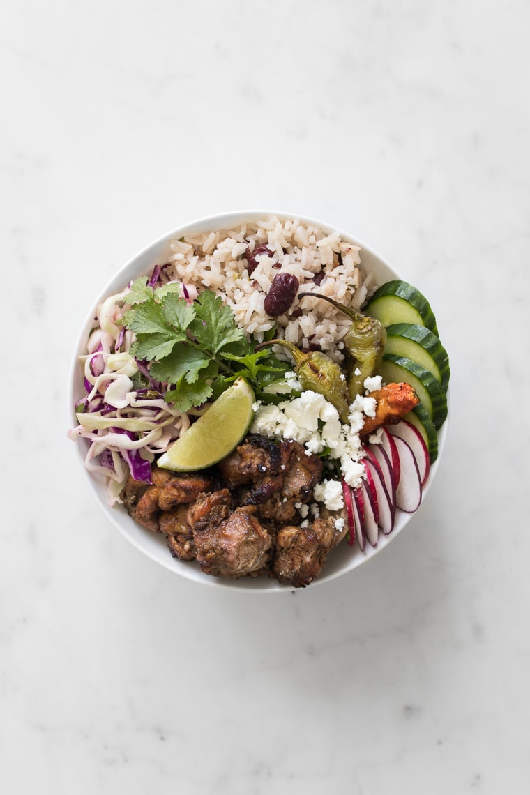 BBQ Jerk Chicken Bowl with Rice and Peas + Pineapple Coleslaw