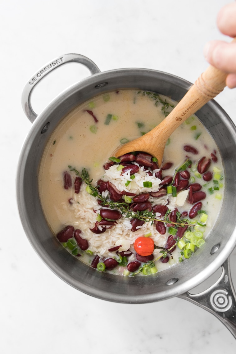 Saucepan with ingredients for Rice and Peas