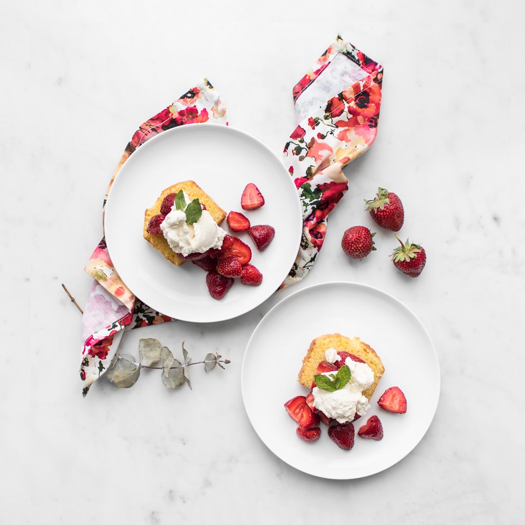 Two plates of Strawberry Shortcake Cake from Above