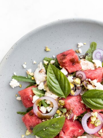 Close up of Chicken, Watermelon and Feta Salad with basil and pistachios