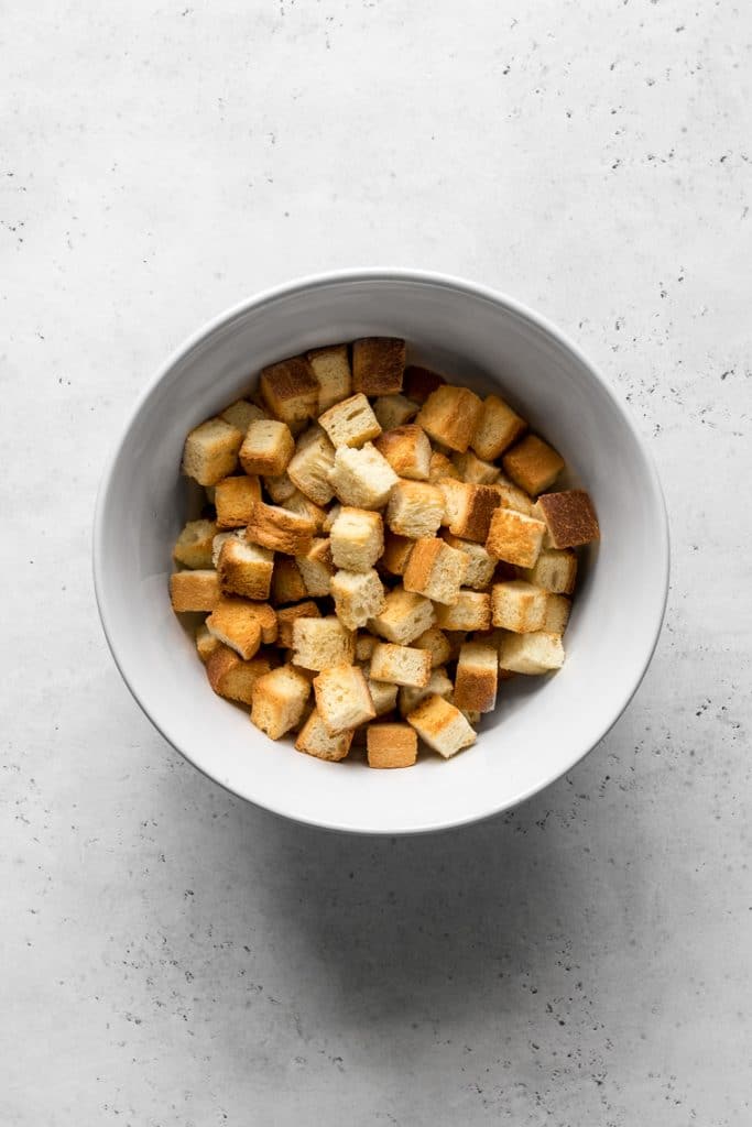 Bowl with toasted bread cubes