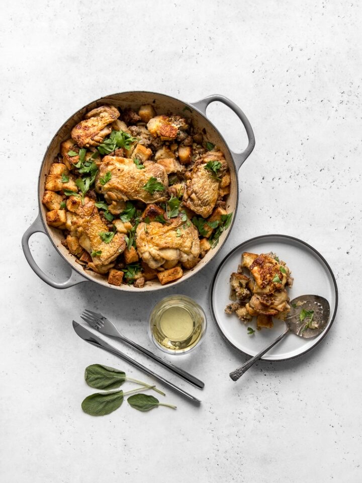 The finished One Pot Chicken and Stuffing on a table