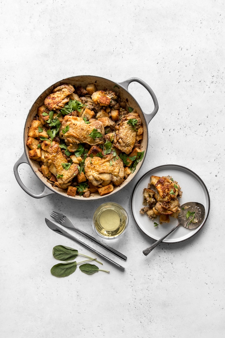 The finished One Pot Chicken and Stuffing on a table