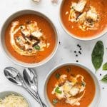 Three bowls of Roasted Tomato Soup with Recipe Title