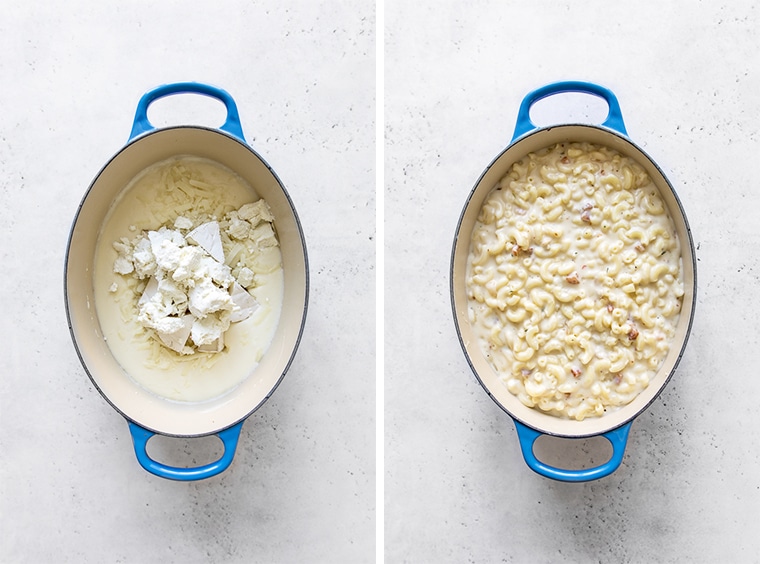 Two images of blue oval french oven. One with cheese in roux, the other with macaroni and cheese