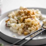 Mac n Cheese with bread crumbs on a plate