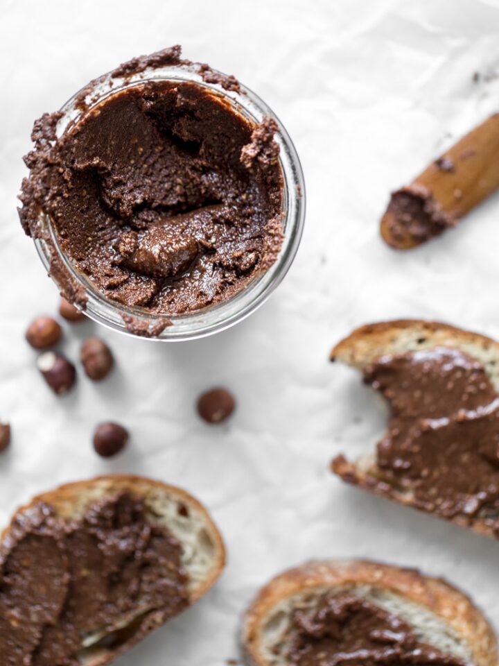 Close up of Homemade Chocolate Hazelnut Spread next to Toast