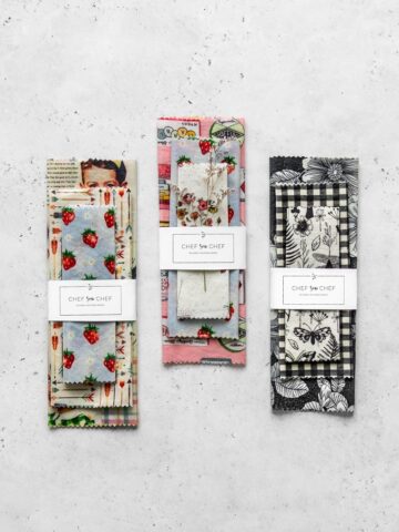 Three sets of reusable food wraps with various patterns