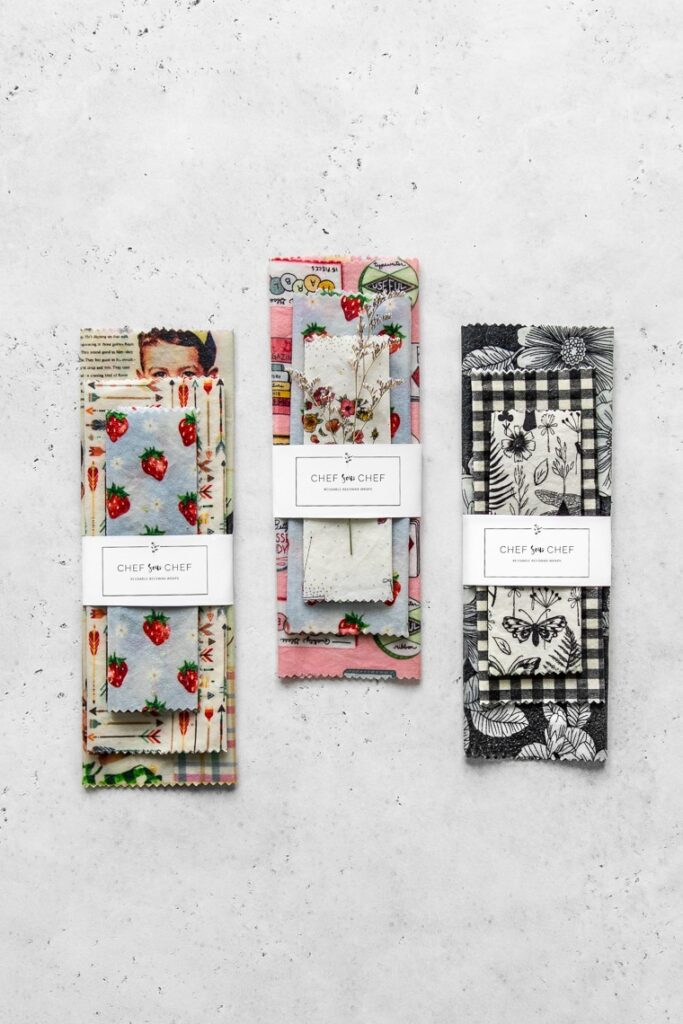 Three sets of reusable food wraps with various patterns