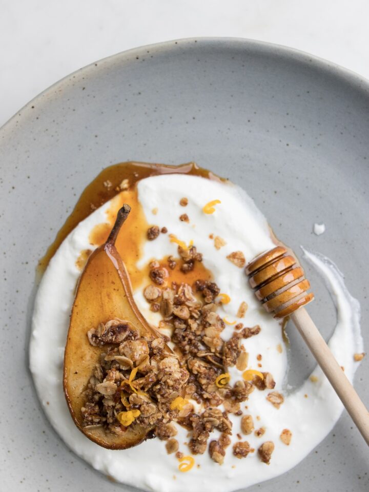 Honey Roasted Pear on Yogurt with Walnut Streusel