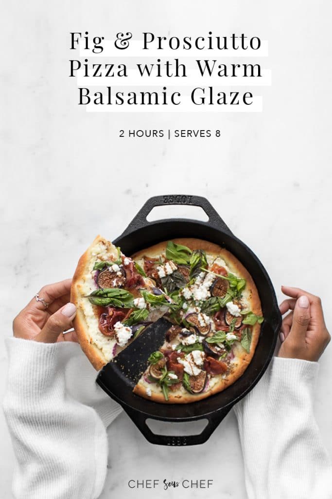Fig and Prosciutto Pizza with Hands Taking Slice and Recipe Title Text
