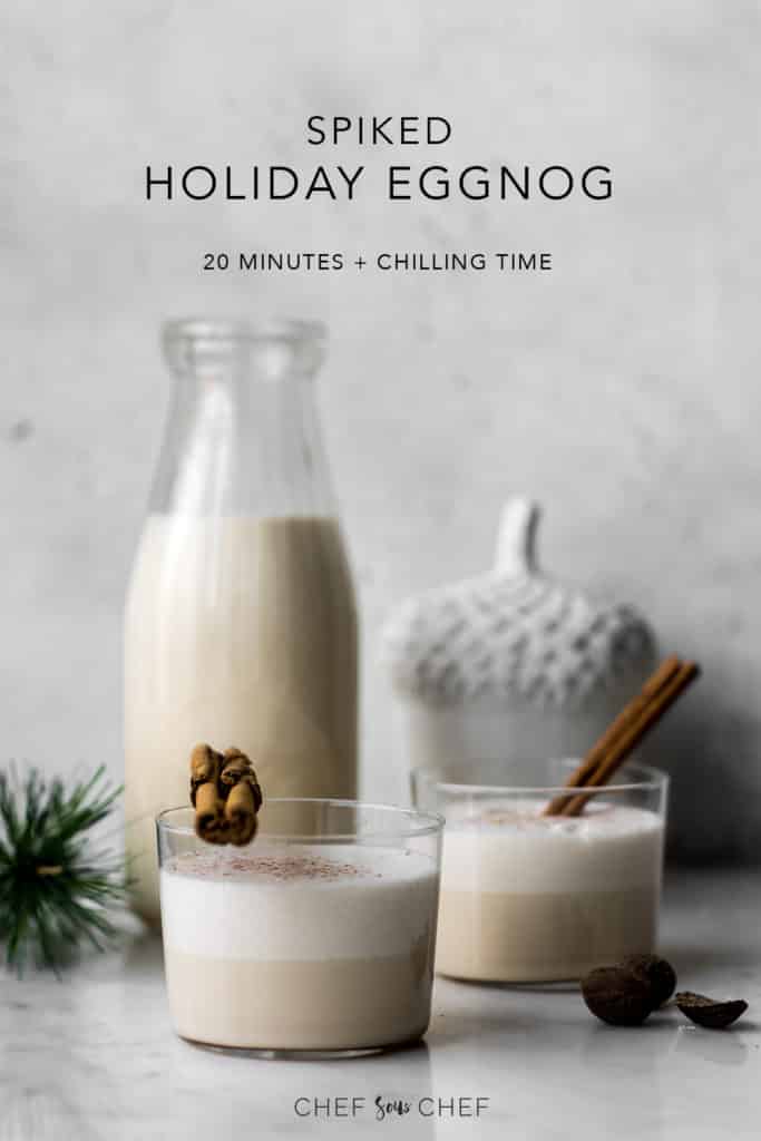 Two glasses of spiked eggnog in front of bottle of eggnog with text overlay