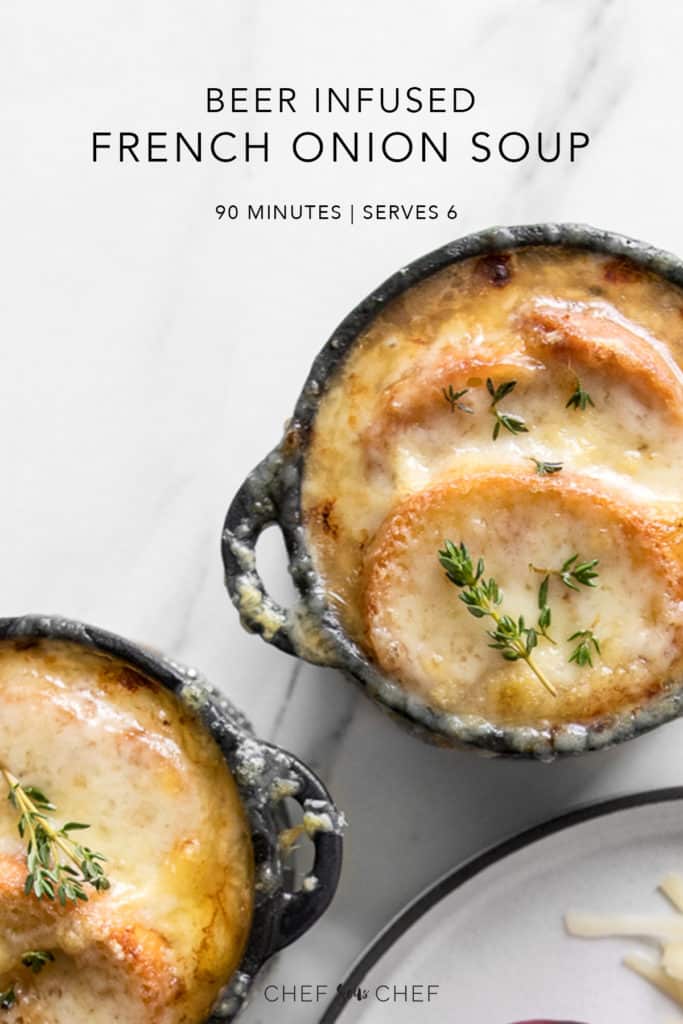 Two Bowls of French Onion Soup from Overhead with Recipe Text