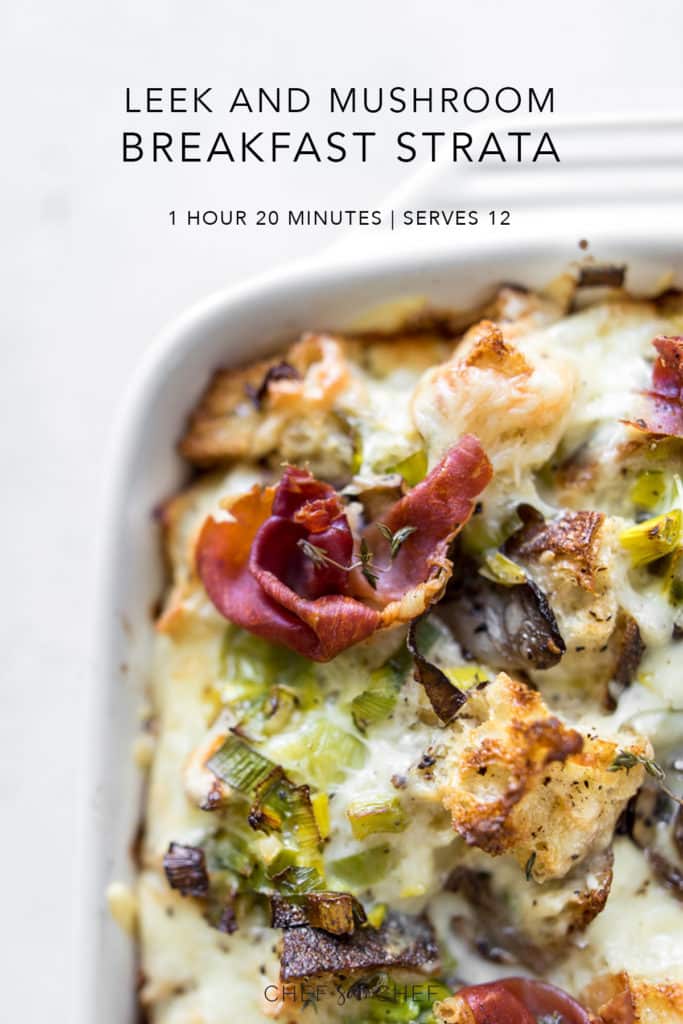 Close up image of Breakfast Strata with Mushrooms, Leeks and Prosciuttoo