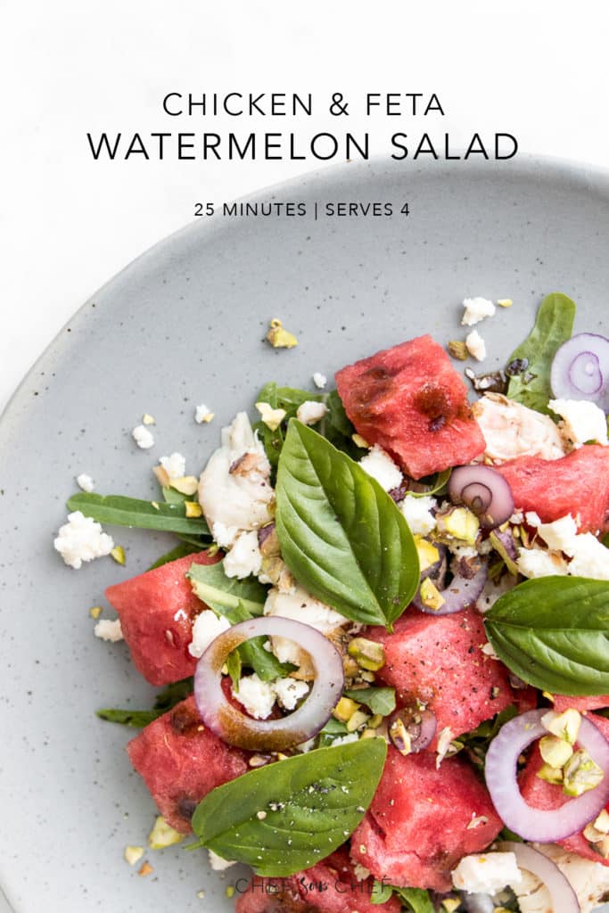 Chicken, Feta and Watermelon Salad Close Up with Recipe Text