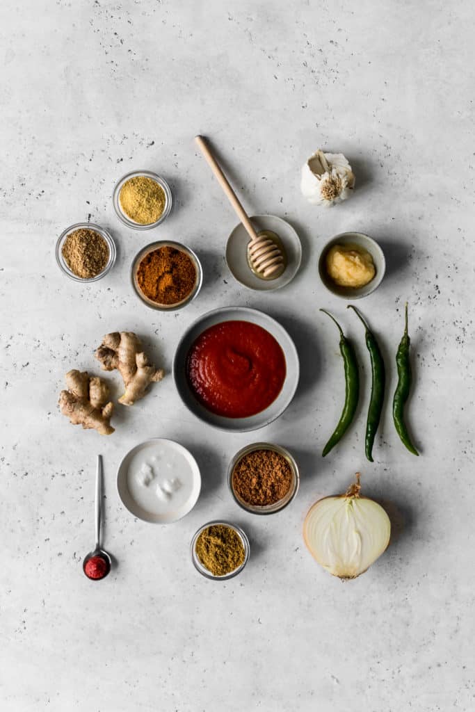 Ingredients to make butter chicken sauce