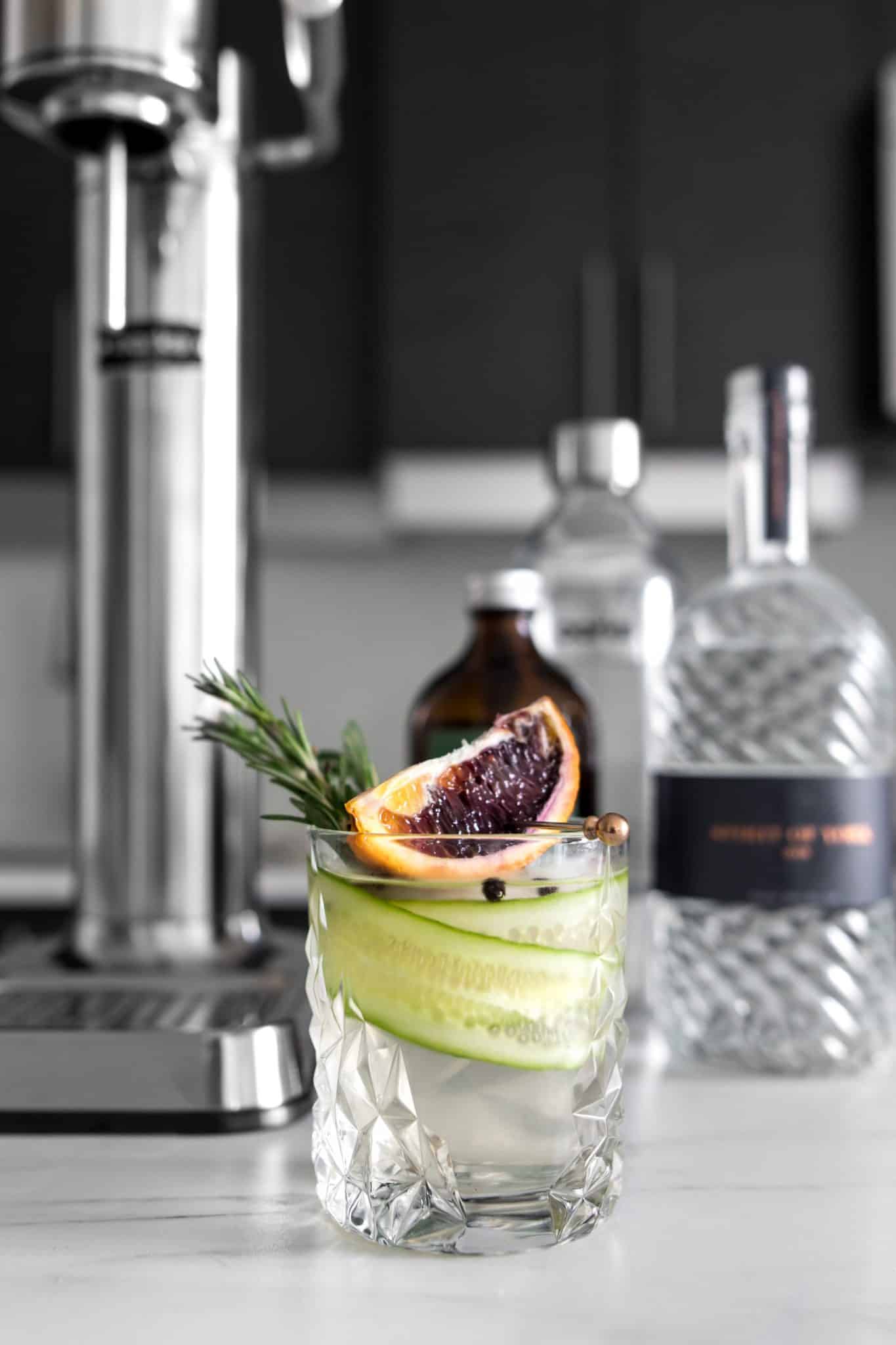 Gin and Tonic with Cucumber, Rosemary and Blood Orange in front of an Aarke Carbonator III