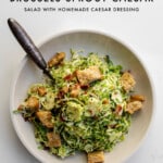 Brussels sprouts caesar salad overhead with text graphic.
