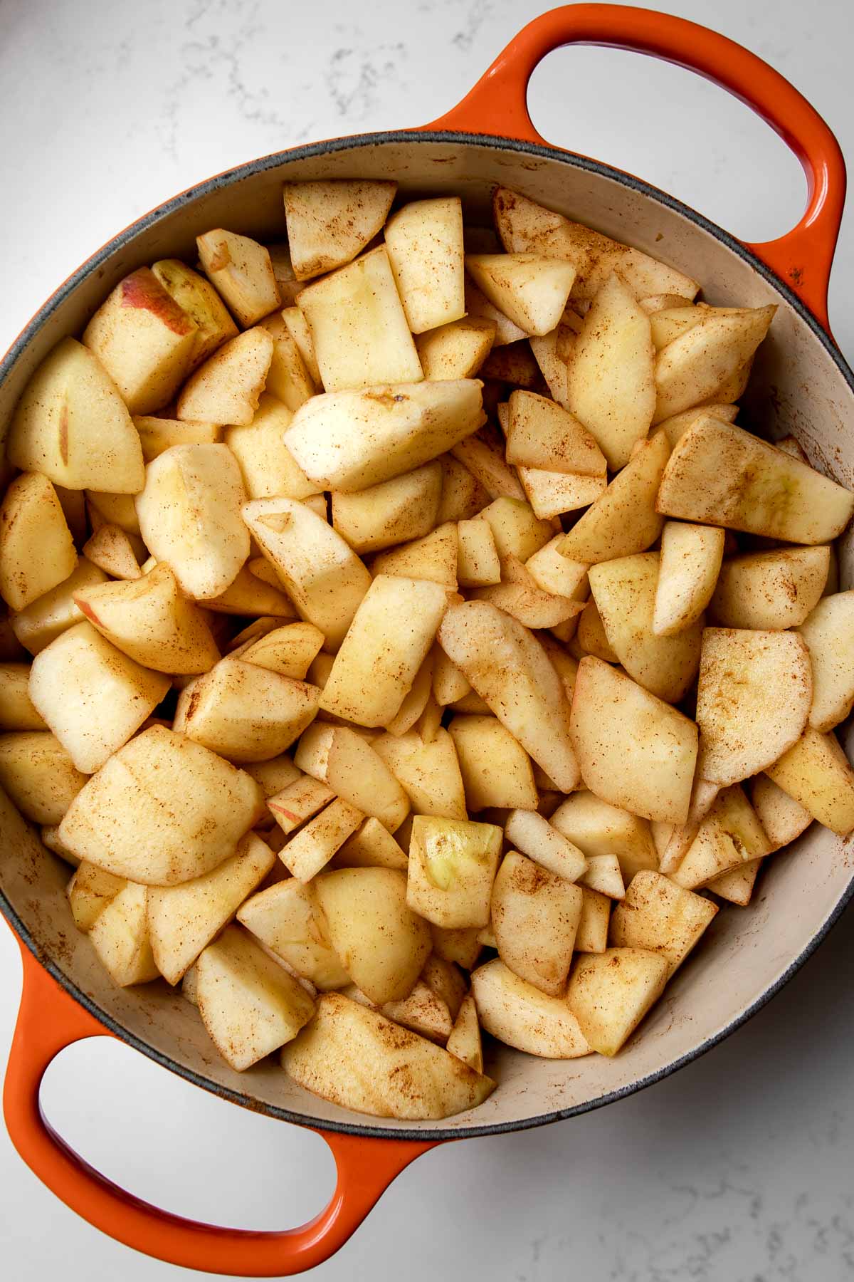 cut and cored apples tossed in cinnamon in a Dutch oven pot.