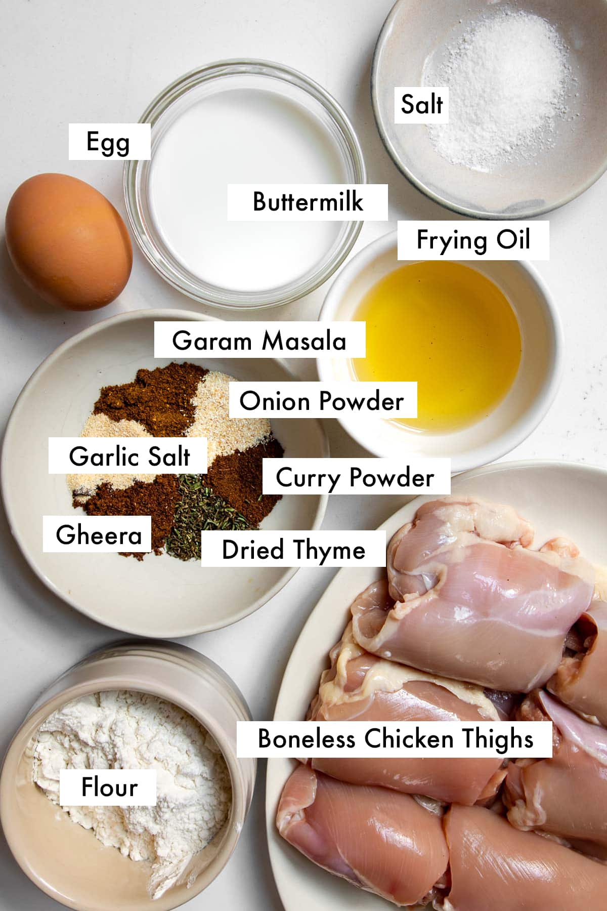 ingredients for spicy curry fried chicken labelled with text graphic.