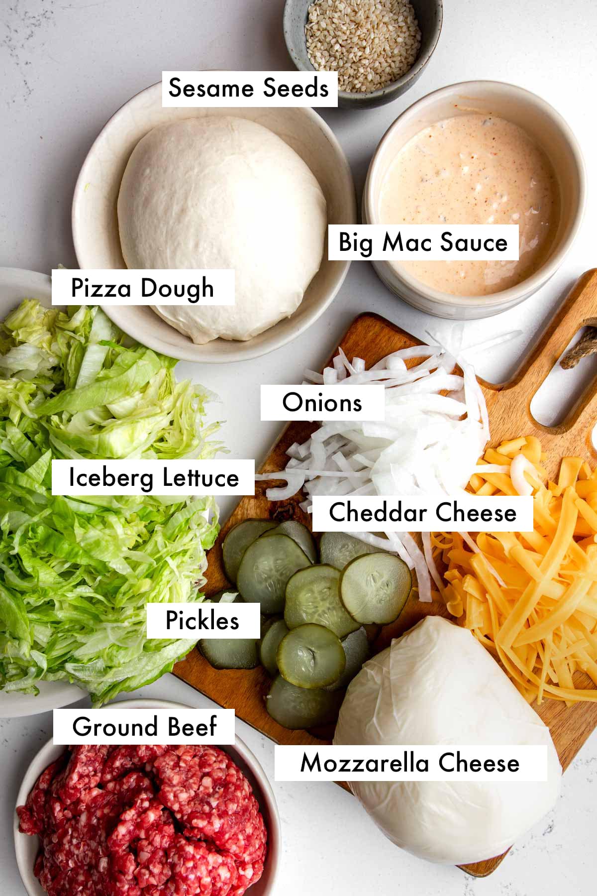 ingredients needed to make big mac pizza labelled with text graphics.