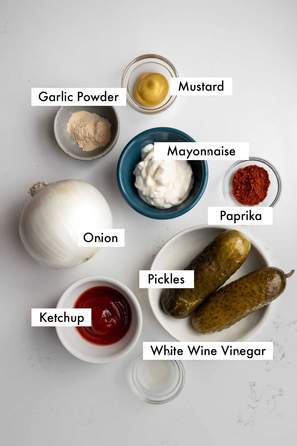 ingredients for homemade big mac sauce labelled with text graphics.