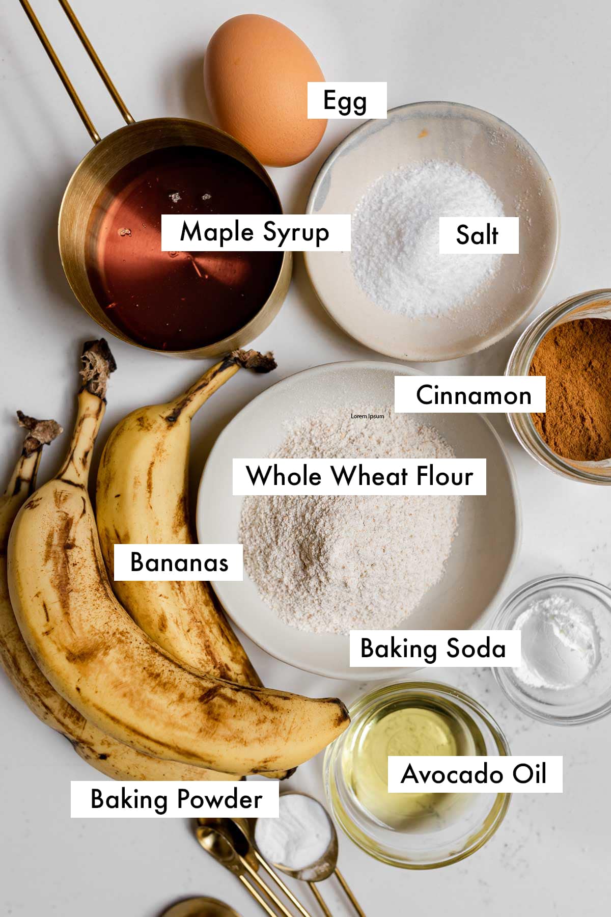 ingredients needed to make mini banana muffins with labelled text.