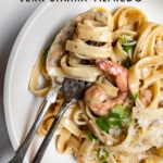 Jerk shrimp pasta closeup with text graphic.