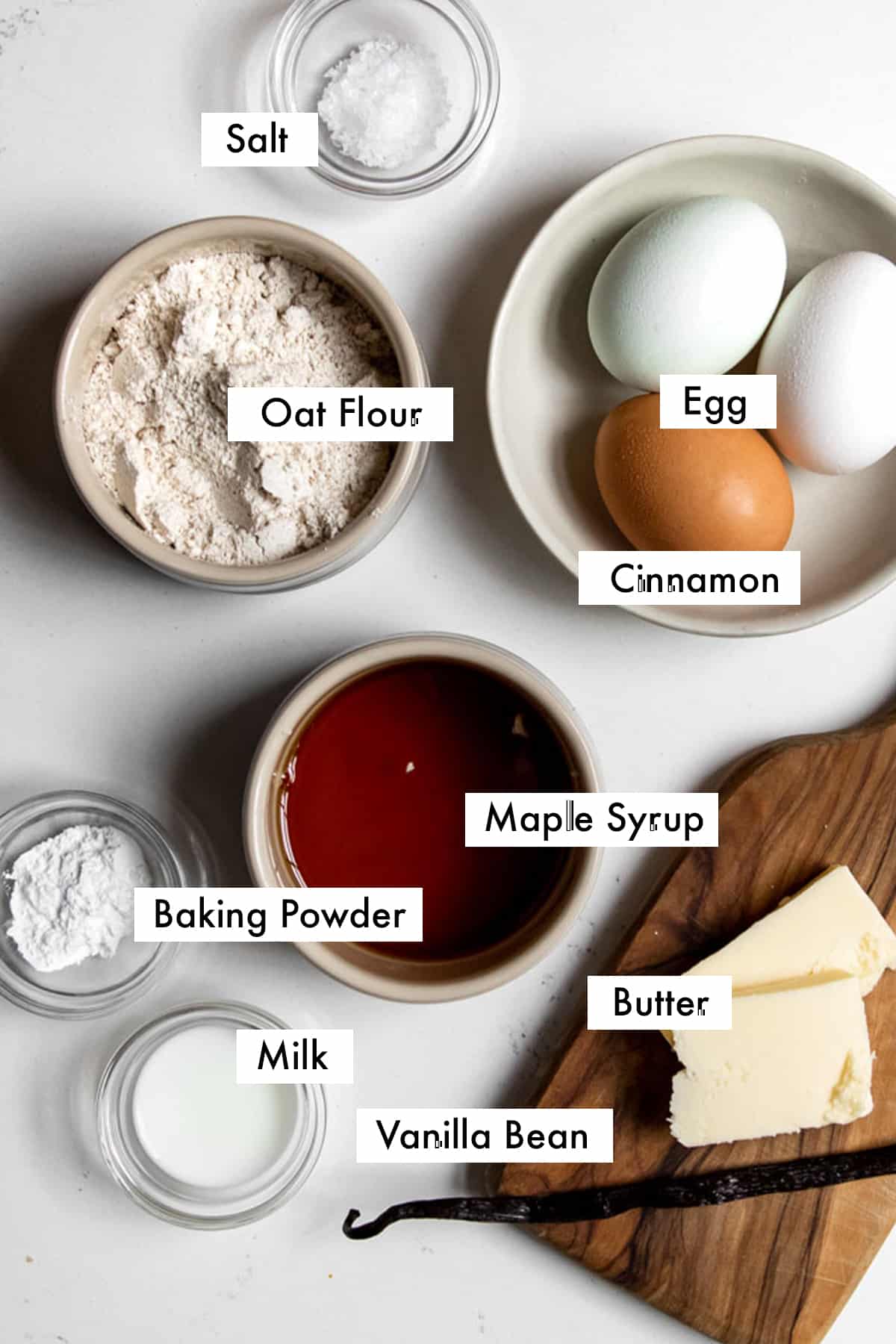 ingredients to make oat flour pancakes with text graphics.