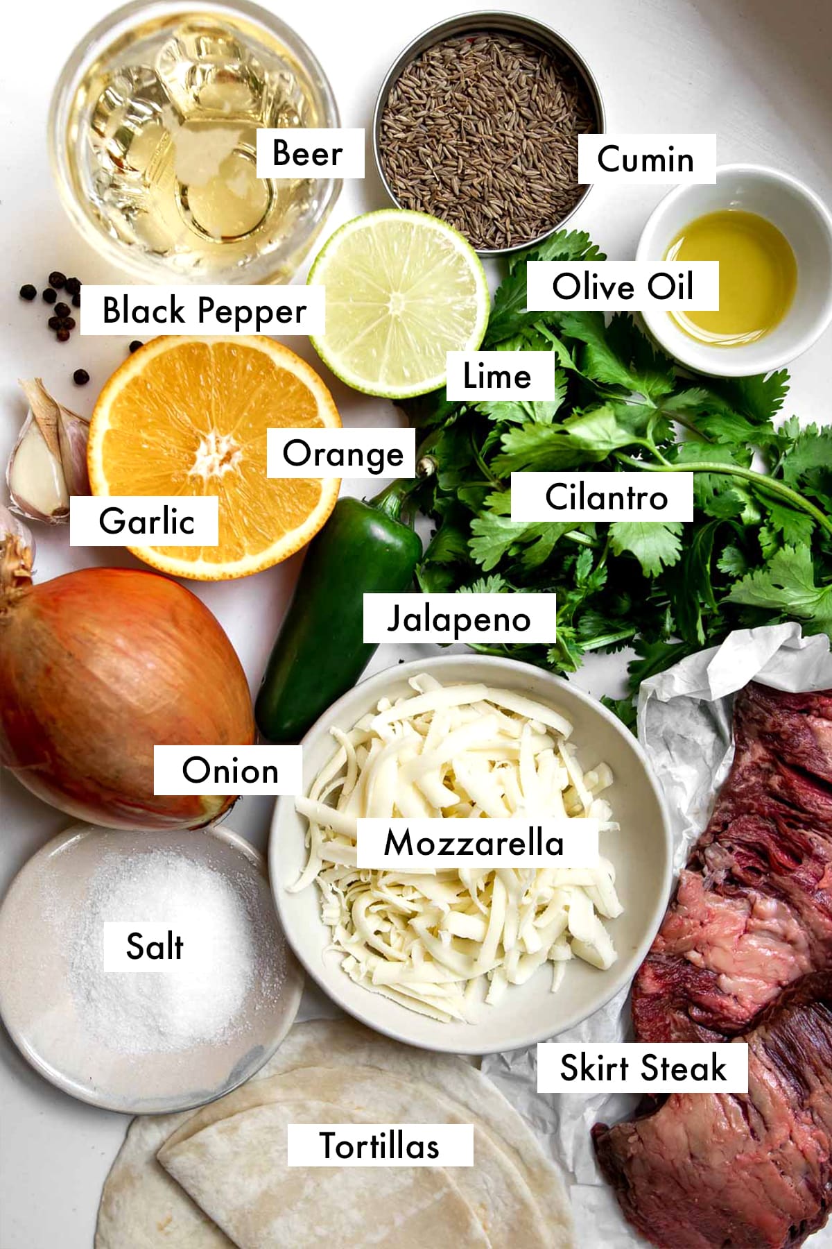 ingredients to make carne asada steak quesadillas.