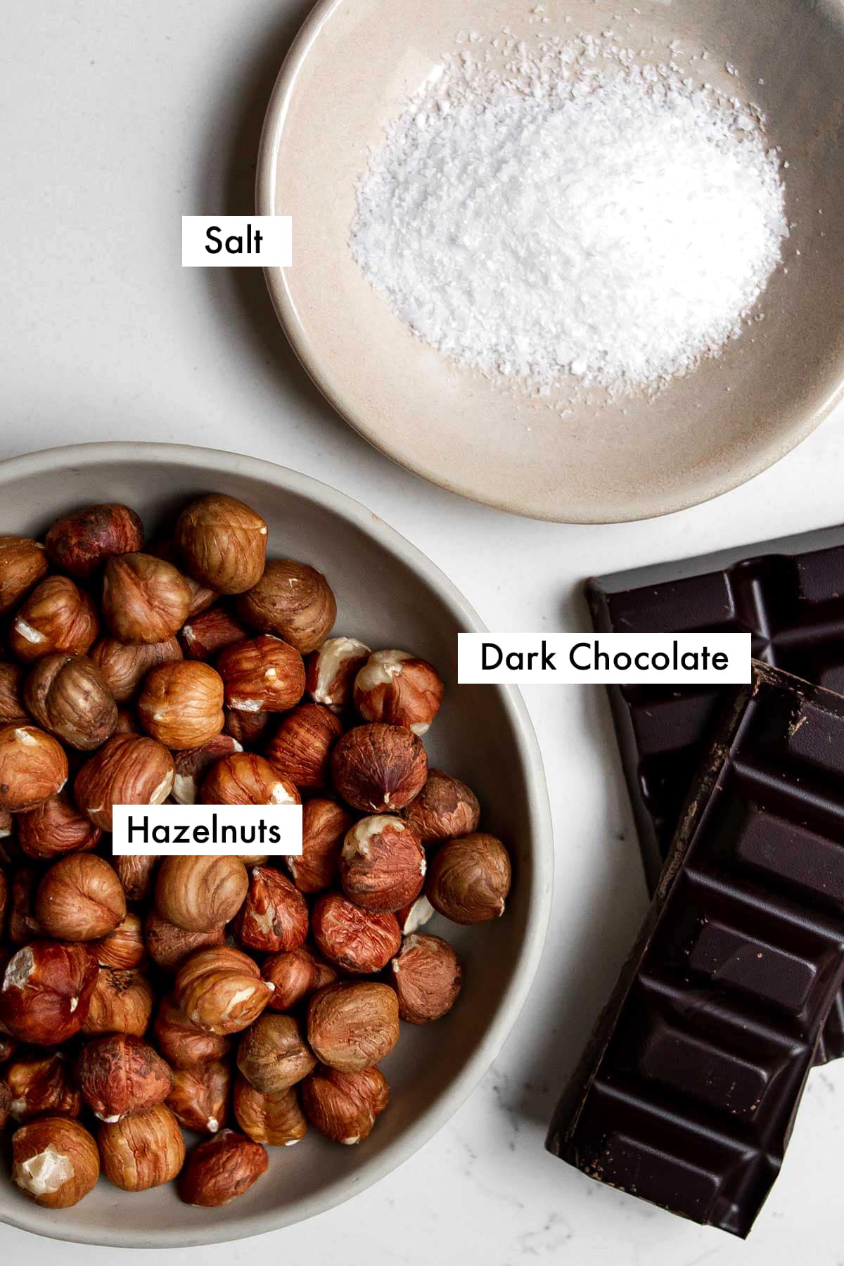 ingredients for chocolate hazelnut spread (homemade nutella) with labelled text.