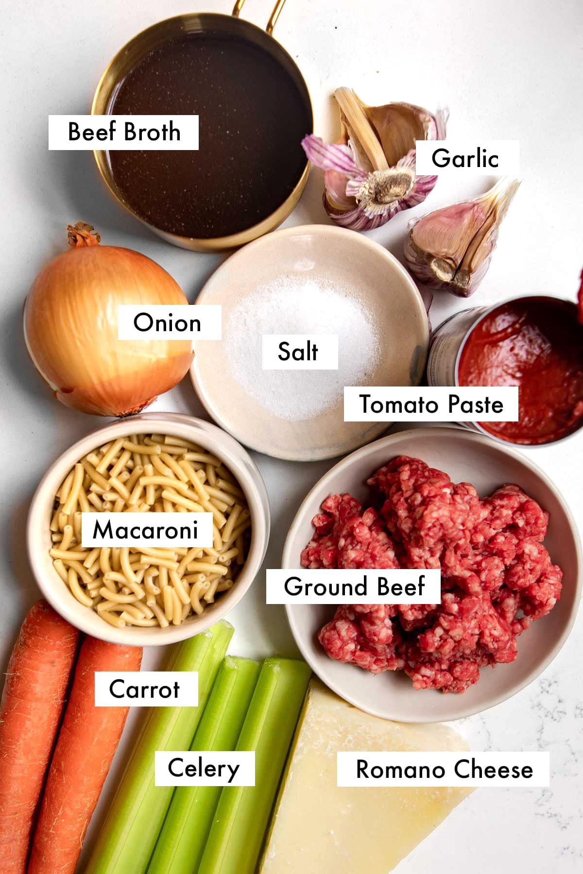 ingredients needed to make homemade beefaroni with text graphics.