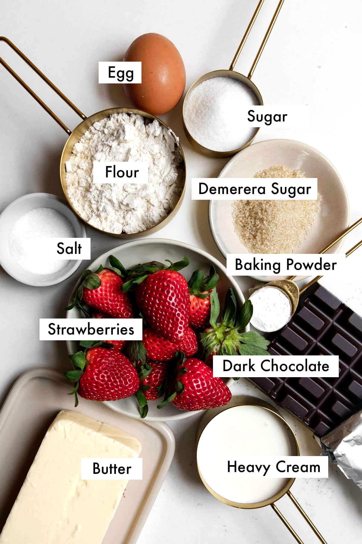 ingredients needed to make dark chocolate strawberry scones with text graphics.