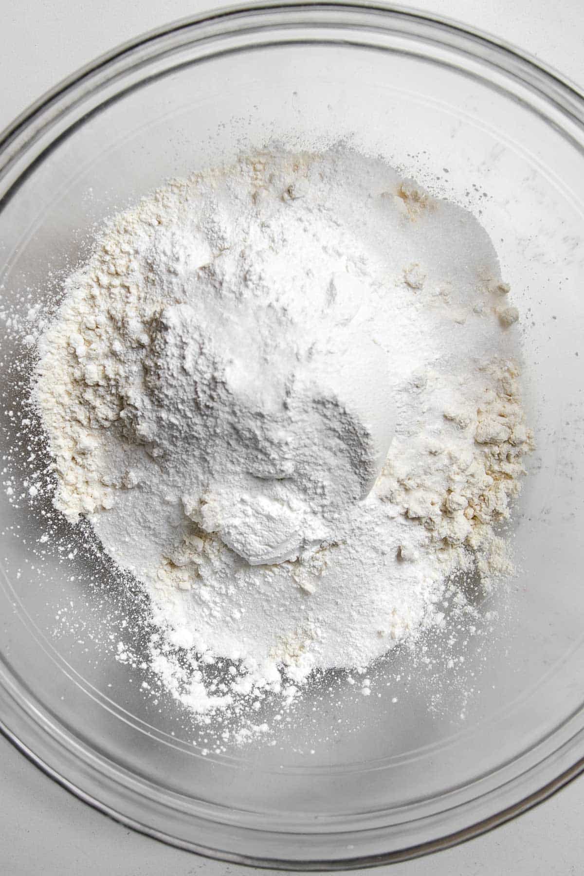flour, baking powder, sugar and salt in a bowl.