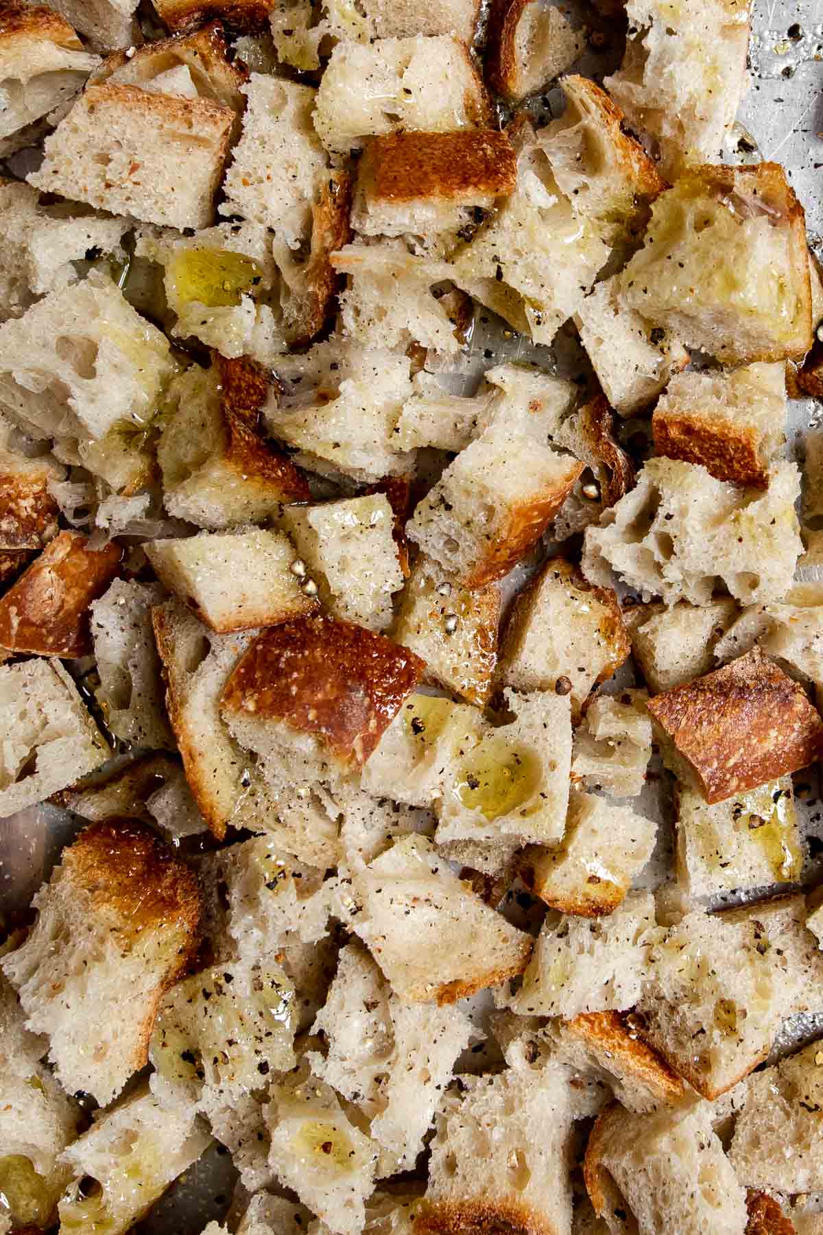sourdough bread cubes on a baking sheet pan tossed with olive oil and salt and pepper.