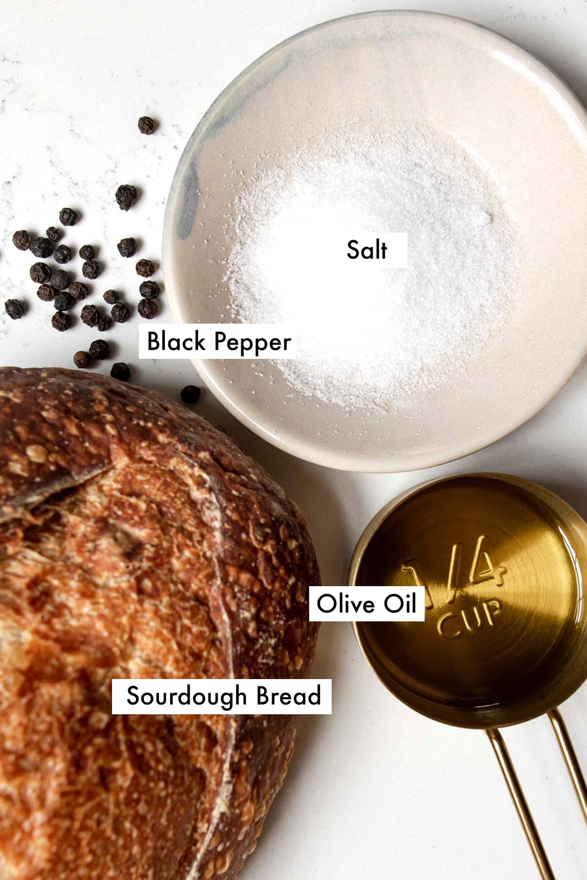 ingredients needed to make sourdough croutons with text graphics.