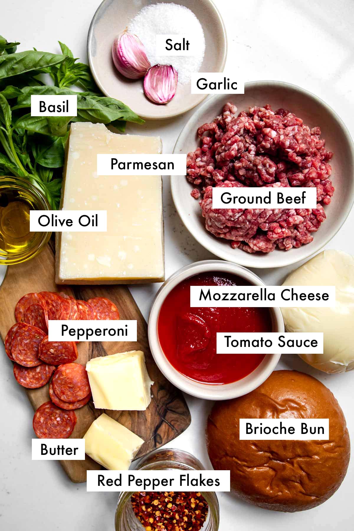 ingredients needed to make a pizza burger.